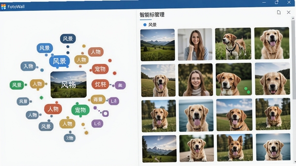 FotoWall���������ܱ�ǩ�������棬���Ϊ��ǩ��ͼ���Ҳ�Ϊ����ǩɸѡ���ͼƬǽ����ͬ��ǩ�Բ�ͬ��ɫԲ�����֣���������ʾAI�Զ�ʶ����ġ��羰�����������������ȱ�ǩ���࣬�����������ִ�