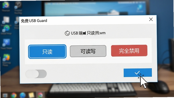 Free USB Guard����������д��չʾ��USB�˿ڿ�����壬�������С�ֻ���������ɶ�д��������ȫ���á�����������ģʽ�л���ť����ǰ��ֻ����ģʽ������ѡ�У�������ģ���ĵ������棬���ָ�������ȷ�ϰ�ť������ǿ�������ı��������ֱ���ԡ�