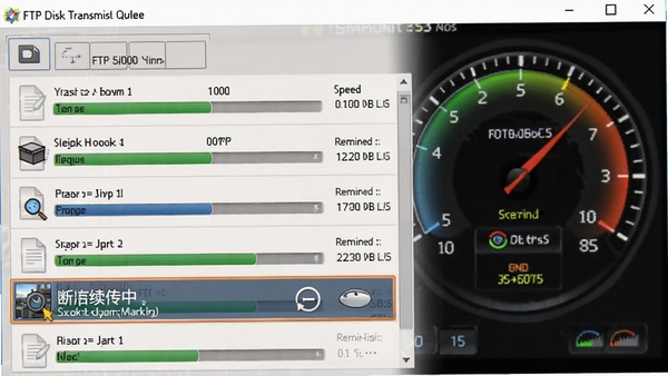 FTP Disk������н��棬��ʾ����ļ����ڴ��䣬���������ٶȡ�ʣ��ʱ�䣬����һ���ļ����Ϊ�ϵ������У������������Ǳ���
