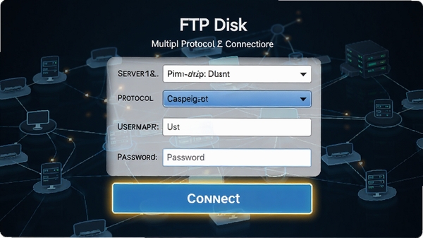 FTP Disk��Э�����ӽ��棬չʾ��������ַ��Э��ѡ�������˵����û�����������������Ӱ�ť����������Ϊ��������ͼ
