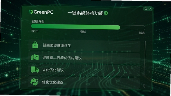 GreenPC һ��ϵͳ��칦�ܽ��棬��ʾ�������ֺ��Ż������б�����ɫ�������������������Ƽ��б���