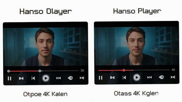 生成一张Hanso Player播放4K视频时画面流畅、色彩鲜艳的对比示意图,左侧显示高占用,右侧显示低占用。