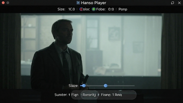 生成一张Hanso Player字幕设置界面截图,展示字幕大小、颜色、字体等调节选项,背景为电影场景。
