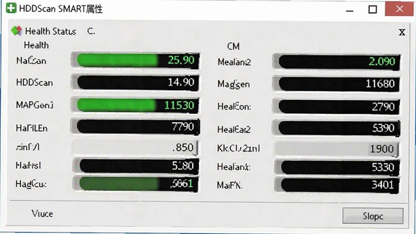 HDDScan SMART���Խ��棬��ʾ����״̬�͸��������ֵ