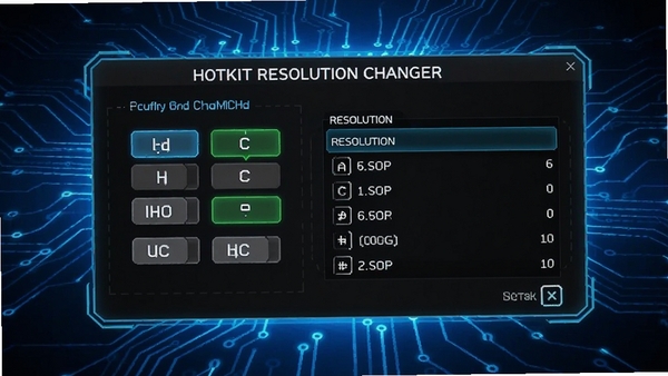 Hotkey resolution changer热键设置界面,显示自定义组合键和分辨率列表,背景为蓝色科技光效,强调快速切换功能