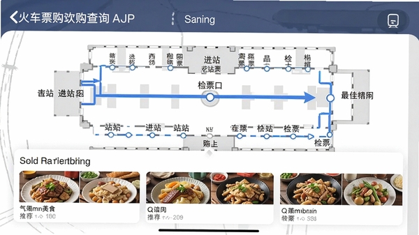 ��Ʊ������Ʊ��ѯAPP��վ��ָ�����ܽ�ͼ������չʾվ��ƽ��ͼ��������ɫ��ͷ����ӽ�վ�ڵ���Ʊ�ڵ����·�ߣ�ͬʱ�ڵ�ͼ�·������ܱ���ʳ�Ƽ���Ƭ������������ʵ�á�