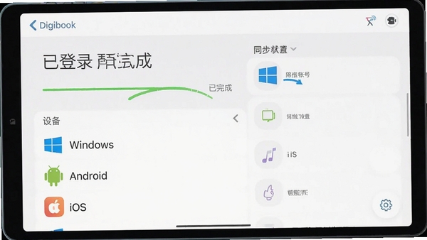 Digibook�Ķ�����ͬ�����ý��棬��ʾ�ѵ�¼�˺ţ�ͬ��״̬Ϊ������ɡ����豸�б�����Windows��Android��iOS