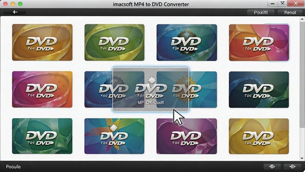 iMacsoft MP4 to DVD Converter�˵�ģ��ѡ�񴰿ڣ�չʾ���ɫ�����ޡ���ƾ�����DVD�˵�����ͼ���û����������������ͣ������ʾ�����������ĸ��Ի����ƹ��ܡ�