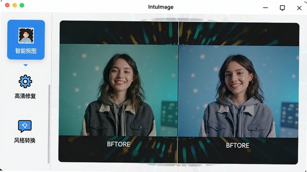IntuImage��������չʾ���ִ���Լ�����๤�����������ܿ�ͼ�������޸������ת���ȹ���ͼ�꣬������ʾʾ��ͼƬ����ǰ��Աȣ�ɫ�����죬�Ƽ��з�Χ��8K������Ⱦ