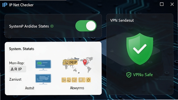 IP Net Checker����������⹦�ܽ��棬չʾϵͳ����״̬���أ�����IP�����λ�õĶԱȿ�Ƭ��VPN���������ɫ����ͼ����ʾ��ȫ������Ƽ���ǿ�������Ʒ��ͼ