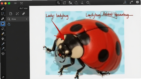 Ladybug on desktop�Ľ�ͼ�༭���棬չʾ�û����ڶԽ�ͼ�������Ӻ�ɫ��ͷ�����ֱ�ע�������������ɼ�������Ϊǳ��ɫ��������