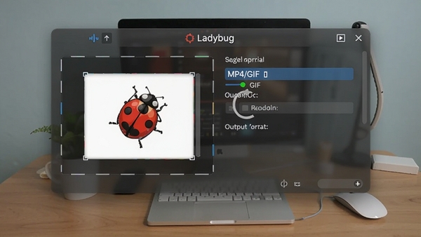 Ladybug on desktop����Ļ¼��������壬��ʾ¼������ѡ���������ʽѡ�MP4/GIF��������Ϊ��͸����ɫ���棬ͻ��¼�ƹ��ܡ�