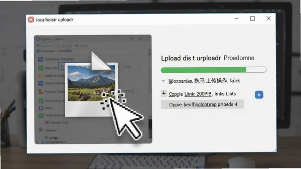 localhostr uploadr拖拽上传操作演示,鼠标拖拽图片文件到软件窗口,界面显示上传进度条和链接复制提示