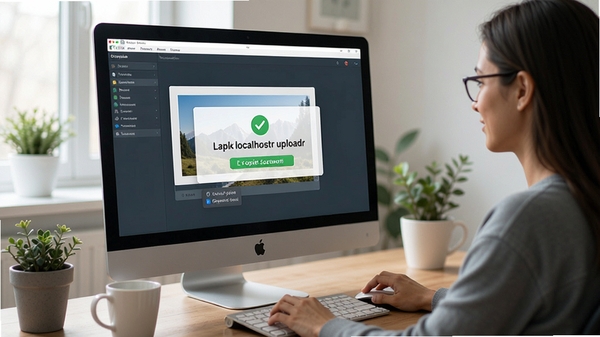 localhostr uploadr使用场景示意图,用户在电脑前操作软件上传图片,屏幕上显示链接复制成功提示