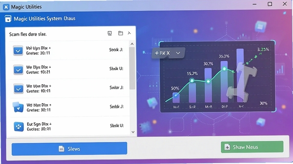 Magic Utilitiesϵͳ�������棬��ʾɨ����������ļ������б���������ť������Ϊ����ɫ��ͻ�����ݿ��ӻ�Ч��