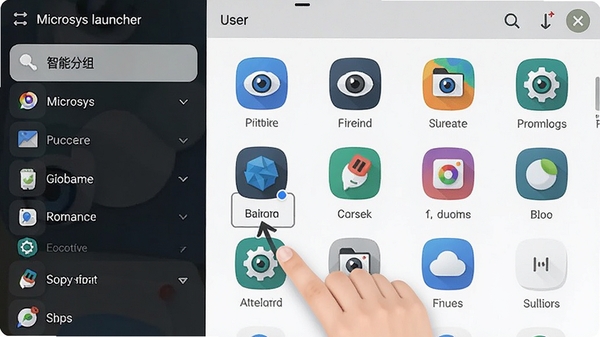 Microsys launcher ���ܷ��鹦�ܽ��棬�����ʾ�����б����Ҳ�չʾ�����ڵ�����ͼ�꣬�û�������ק�����������������Ѻ��Ҳ���ֱ�ۡ�