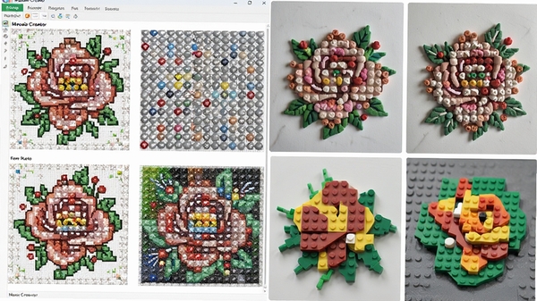 һ�ŶԱ�ͼ�������ʾMosaic Creator������ͬһ�仨��ͼ���ֱ�ģ��Ϊʮ���塢��ʯ�����ָ߻�ľ�����ֲ�ͬ����Ч��Ԥ�����Ҳ����Ƕ�Ӧʵ����ϵ�������Ƭ��ֱ��չʾ�������ܶ����ԡ�