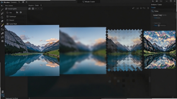 ��̬GIFʾ��ͼ��չʾMosaic Creator�����н�һ�ŷ羰��Ƭ�Ӹ���ƽ��״̬��ת��Ϊ����������״̬�Ĺ��ɹ��̣����ؿ��ɴ�С�����ճ��ֳ�ϸ������ػ�Ч��������Ϊ������ɫ������塣