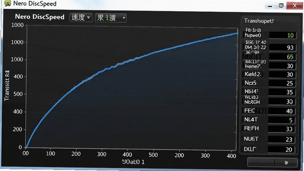 Nero DiscSpeed��ȡ�ٶȲ��Խ��棬��ʾһ��ƽ����������ɫ�ٶ����ߣ�����Ϊ��������λ�ã�����Ϊ�������ʣ����������ϸ������ͳ�����