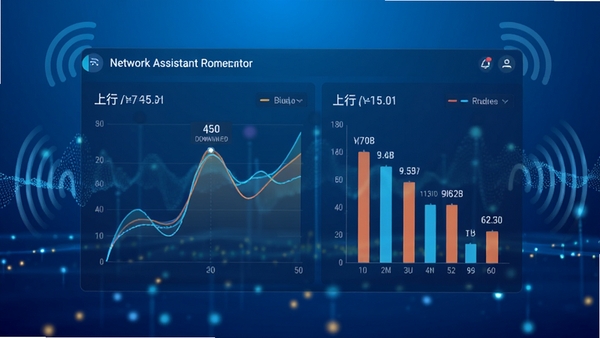 һ��չʾNetwork Assistantʵʱ���ټ�⹦�ܵ�ʾ��ͼ�������а�����̬����ͼ����״ͼ����ʾ����/�����������ݣ�����Ϊ���пƼ��е���ɫ���䣬��׺�������źŲ��������ݴ����㣬�������ִ������ݿ��ӻ�Ч��ͻ����