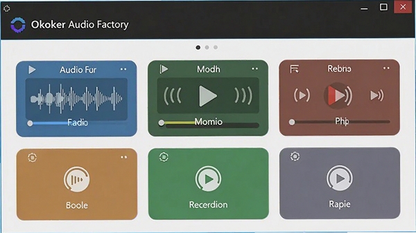 Okoker Audio Factory�������ͼ��չʾ��Ƶת�����༭��¼�Ƶ�ģ�飬������������ɫ�ʴ���רҵ���ʺ���Ϊ����������ͼ