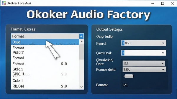 Okoker Audio Factory��ʽת�����棬չʾ��ʽ�����˵����������ѡ�����Ϊ������ɫ��ͻ����������