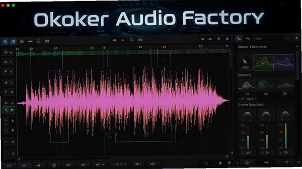 Okoker Audio Factory��Ƶ�༭���棬չʾ���κ���Ч��壬����ɫ�����ޣ�����Ϊ��ɫ�Ƽ��У�ͻ����������