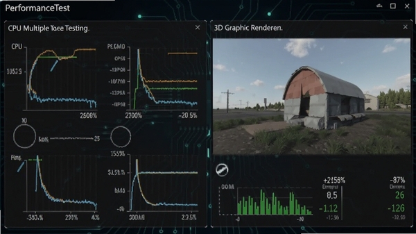 PerformanceTest��������CPU��˲��Ժ�3Dͼ����Ⱦ���ԵĽ��棬��ʾ���ӵ����㳡����ʵʱ֡�����ݣ�����Ϊ��ɫ�Ƽ����