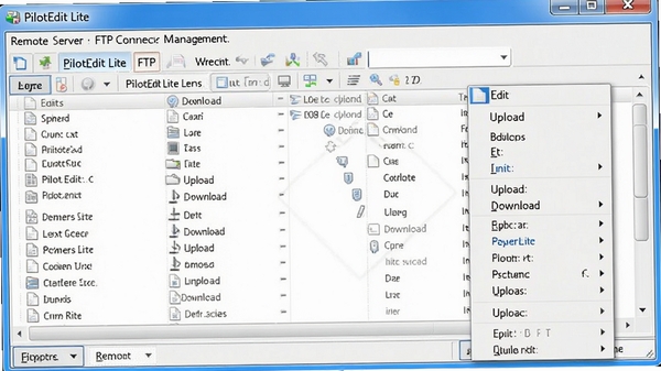PilotEdit Lite��FTP���ӹ������ڣ���ʾԶ�̷������ļ��б����Ҽ��˵������༭���ϴ������ص�ѡ��