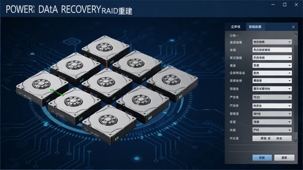 Power Data Recovery RAID�ؽ����ܽ��棬��ʾ���Ӳ��������е�ʾ��ͼ�����в���������壬����Ϊ����ɫ�Ƽ��з��ǿ����ҵ�����ݻָ���רҵ��