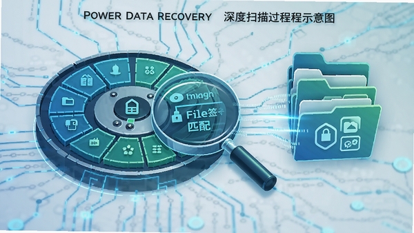 Power Data Recovery���ɨ�����ʾ��ͼ����ʾ���������������ļ�ǩ��ƥ��ĳ���ͼ�Σ���ϷŴ�ͼ����ļ���ͼ����ɫ������ɫ����ɫΪ�����������ɨ���ȫ���Ժͼ�����