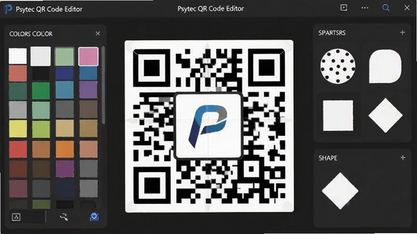 Psytec QR Code Editor��ɫ����״���ƽ��棬��ά������Ƕ��һ����ҵLogo����Χ��ɫ���������ʾ����Ԥ����ɫ����״ѡ�����Բ�㡢���Ρ����Σ�����������ʾ�ڶ���������