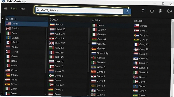 RadioMaximus software interface showing a vast list of global radio stations categorized by country and genre, with a search bar highlighted