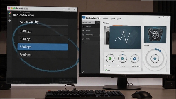 RadioMaximus software displaying audio quality selection menu with 320kbps option, alongside a modern customizable skin interface