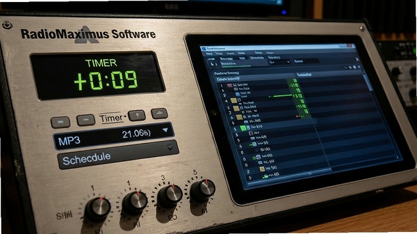 RadioMaximus software recording panel with timer settings, showing MP3 format options and a schedule interface