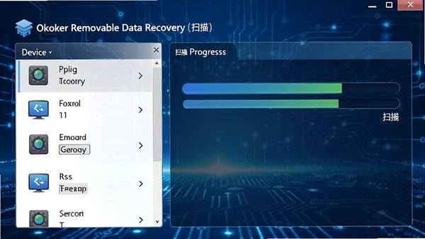 Okoker Removable Data Recovery������չʾ������豸�б����Ҳ�ɨ�����������ɫ�Ƽ��б���