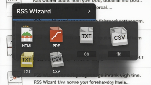 һ��չʾRSS Wizard����ѡ��˵���ͼƬ�������˵�����ʾHTML��PDF��TXT��CSV�ȸ�ʽͼ�꣬����Ϊ�����б���ͻ�����ʽ�������ơ�