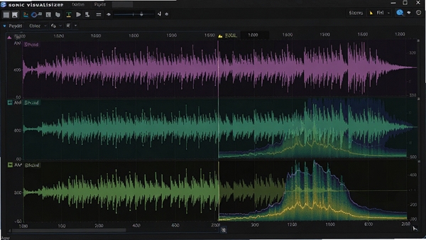 sonic visualiser��㲨��ͼ���ӶԱȽ��棬��ͬ��ɫͼ��ֱ���ʾ��Ƶ������Ƶ�����ߣ�ʱ������룬���ڲ���������������ɫ������Ԫ�ؾ�ϸ��רҵ��Ƶ��������