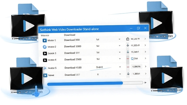 һ���ִ���Լ������������չʾͼ����Ļ������ʾSothink Web Video Downloader Stand-alone�������б�����Χ�и�����Ƶ�ļ�ͼ������������ؽ���������������ɫ���ԿƼ����Ͱ�ɫΪ����ͻ����Ч���ݵ��Ӿ����ܡ�