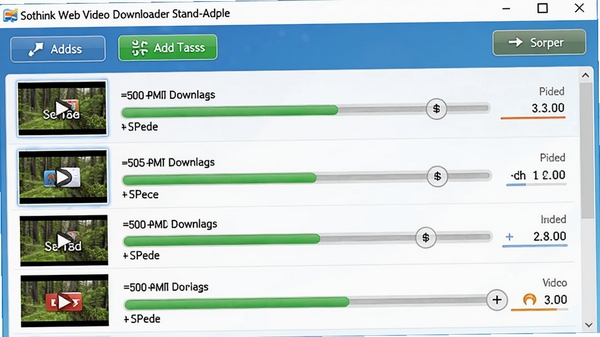 չʾSothink Web Video Downloader Stand-alone�������ع��ܵĽ����ͼ���������ж����Ƶ�ļ�����ͬʱ���أ�ÿ���ļ����н��������ٶ�ָʾ���б��Ϸ�����������������ѡ�ť�������������������ɫ�������á�