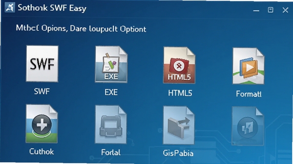 一张展示Sothink SWF Easy导出选项的截图,包括SWF、EXE、HTML5等格式图标,背景为渐变科技蓝,简洁直观。