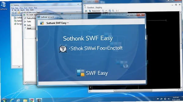 一张展示Sothink SWF Easy运行在Windows桌面的截图,背景有多个软件窗口,主窗口高亮显示,体现多任务处理能力。