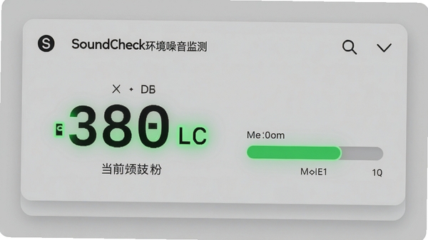 SoundCheck环境噪音监测界面,显示当前分贝数大数字显示,旁边有噪音等级进度条,背景为简约的浅灰色卡片风格,图标清晰,分贝数值以绿色高亮显示,整体视觉清爽