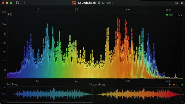 SoundCheck实时频谱分析功能运行截图,界面中央显示彩色频谱柱状图,底部为左右声道波形曲线,背景为深色渐变,频谱颜色从蓝色到红色渐变,突出动态视觉效果