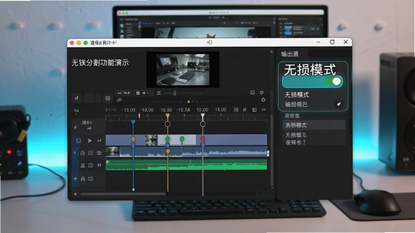 Speed Video Splitter无损分割功能演示,显示时间轴上的分割标记和输出质量选项,软件界面高亮显示“无损模式”开关,背景为视频编辑工作台,色调明亮清晰。