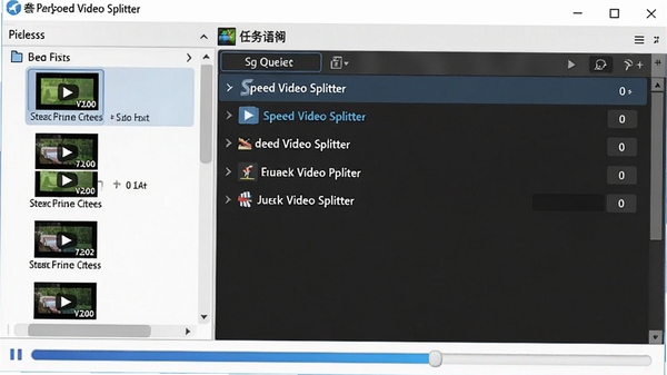 Speed Video Splitter批量处理界面,左侧文件列表显示多个视频文件,右侧为任务队列,底部有进度条,整体界面整洁,强调高效的多任务处理能力。