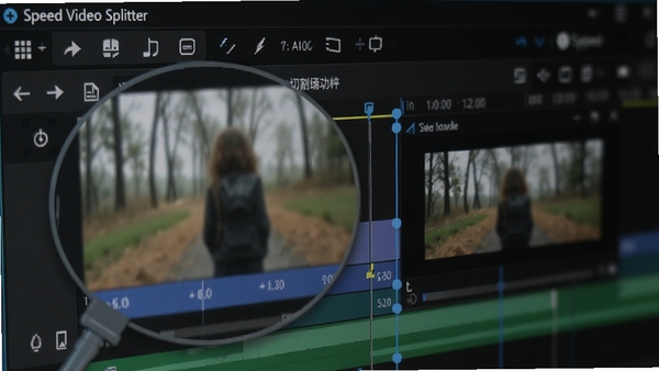 Speed Video Splitter精准切割功能特写,显示放大的时间轴和帧预览窗口,蓝色标记线清晰可见,软件名称出现在顶部工具栏,背景为暗色编辑界面,突出细节。