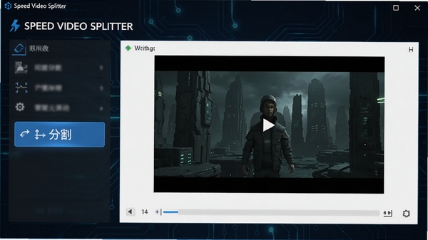 Speed Video Splitter主界面截图,展示简洁的操作面板和视频预览窗口,软件名称清晰可见,背景为深色科技感风格,界面元素布局合理,突出“分割”功能按钮,整体风格专业且现代。