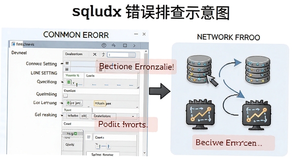 sqldbx错误排查示意图,显示连接设置界面与网络诊断图标,标注常见错误点,风格教学化,清晰易懂