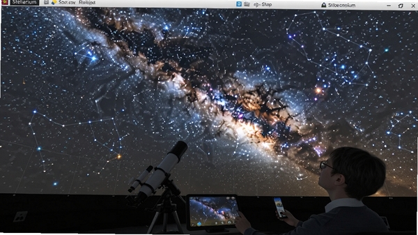 虚拟天文馆(Stellarium)沉浸式星空模拟画面,银河横跨天际,恒星闪烁,星座线条清晰,用户可自由缩放视角